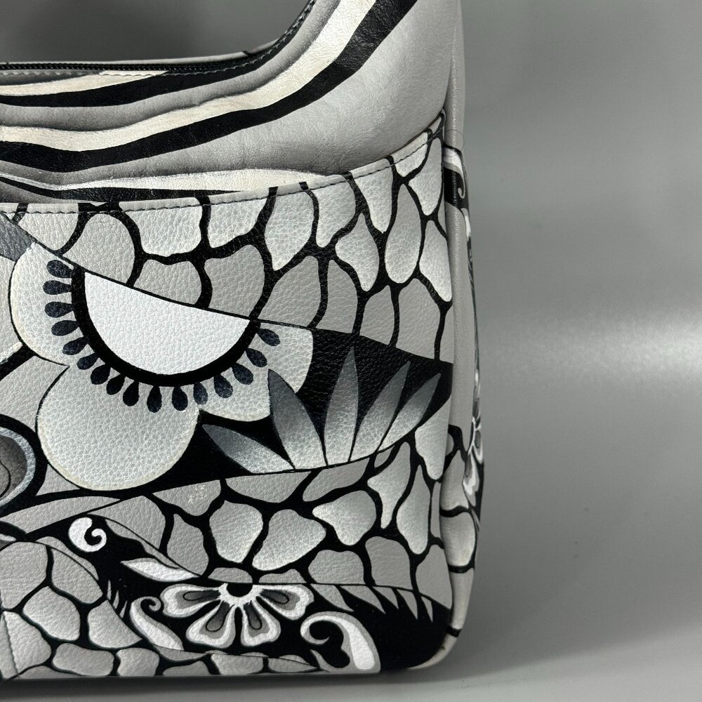 Anna by Anuschka Black/White Floral Leather Hobo Shoulder Bag - Picture 3 of 15